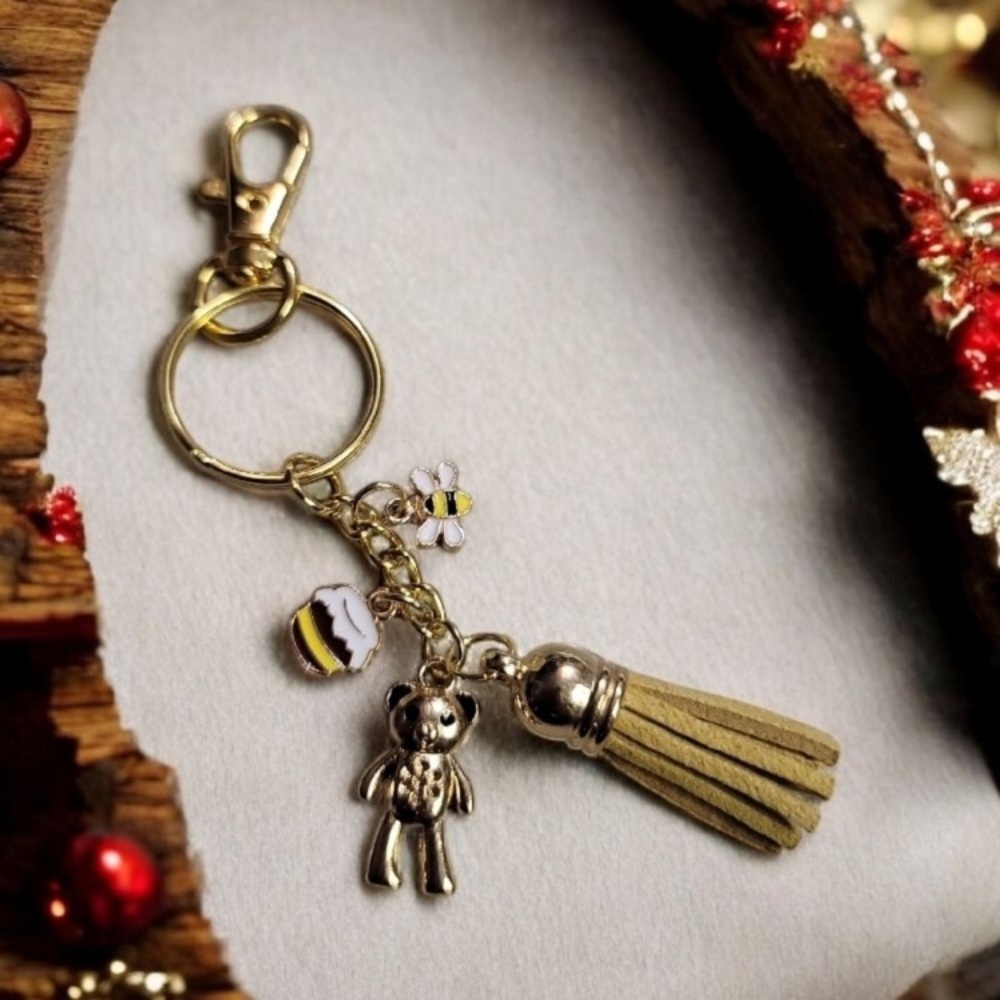 Bag Cham Key Chain with Tassel and Charms - Bear, Bee, Cupcake - Gold NIP